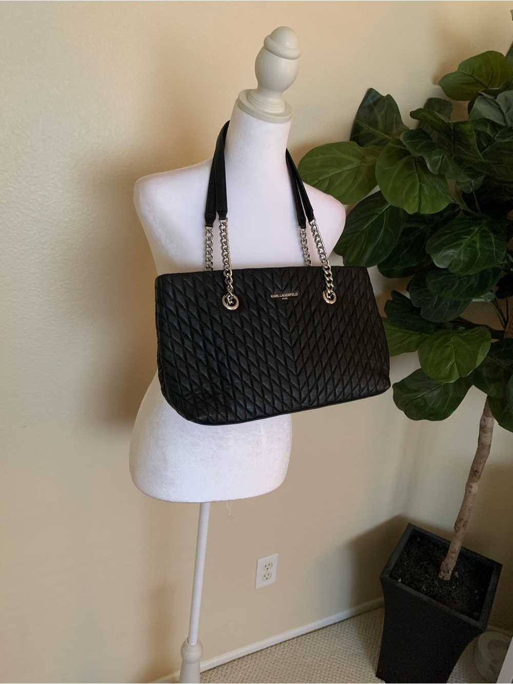 Karl Lagerfeld Black Quilted Chevron Tote with Chain Straps - Picture 4 of 16